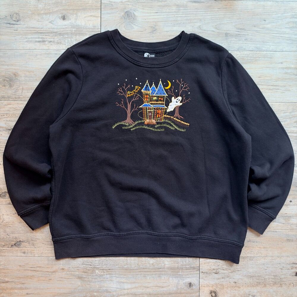 Halloween Vintage Sweatshirt XL Haunted House Ghost Embroidery Holiday Editions